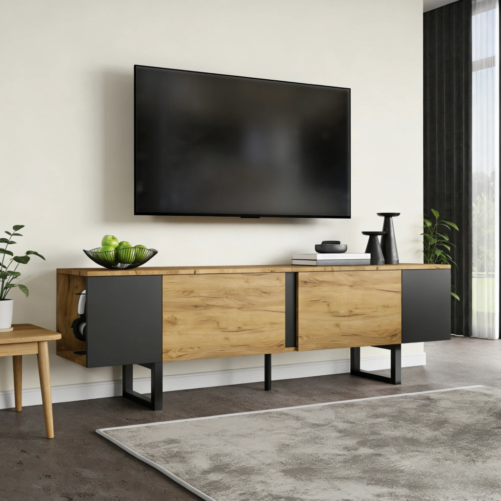 Mobile TV 180x40x55 cm con 2 ante e ripiani laterali in truciolare