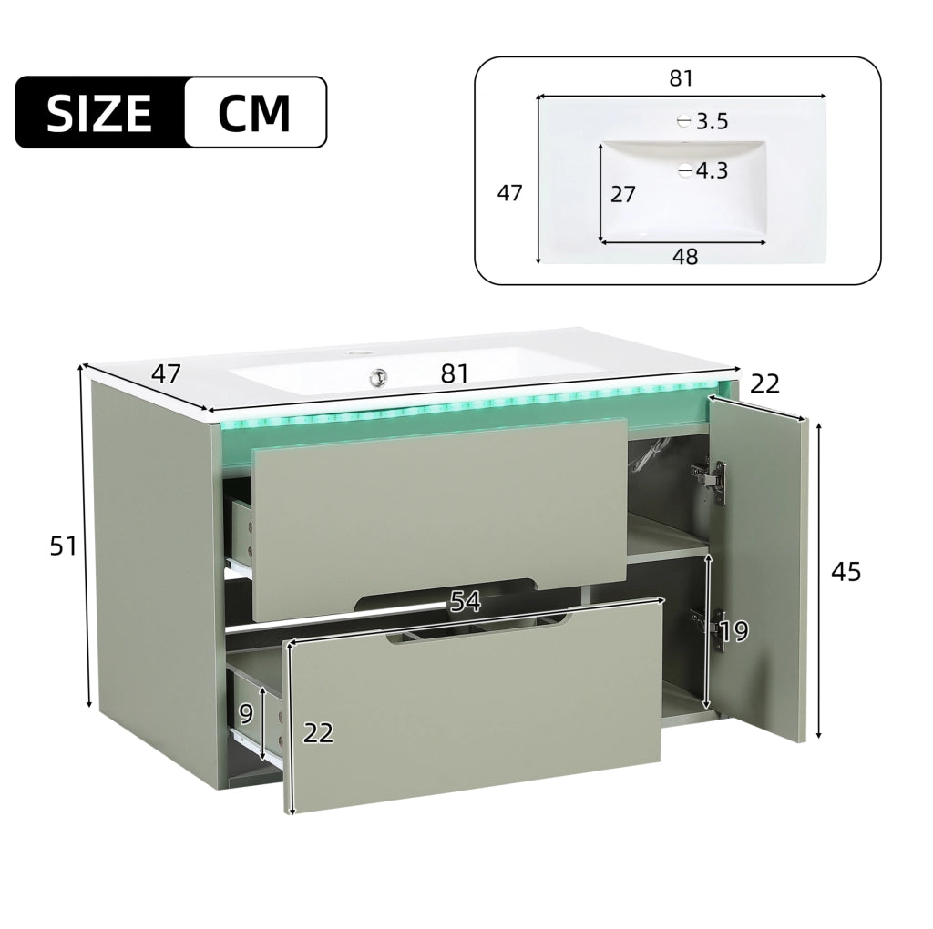 Mobile bagno sospeso 81 cm con lavabo in ceramica, illuminazione LED regolabile e design a onde, colore verde, senza miscelatore