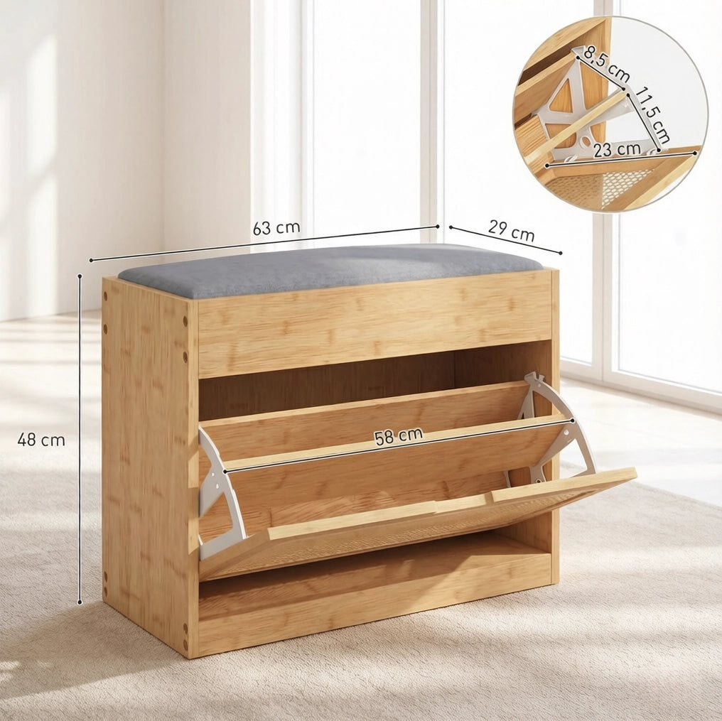Panca portascarpe da ingresso 63x29x48 cm in bambù naturale con cuscino, salvaspazio –