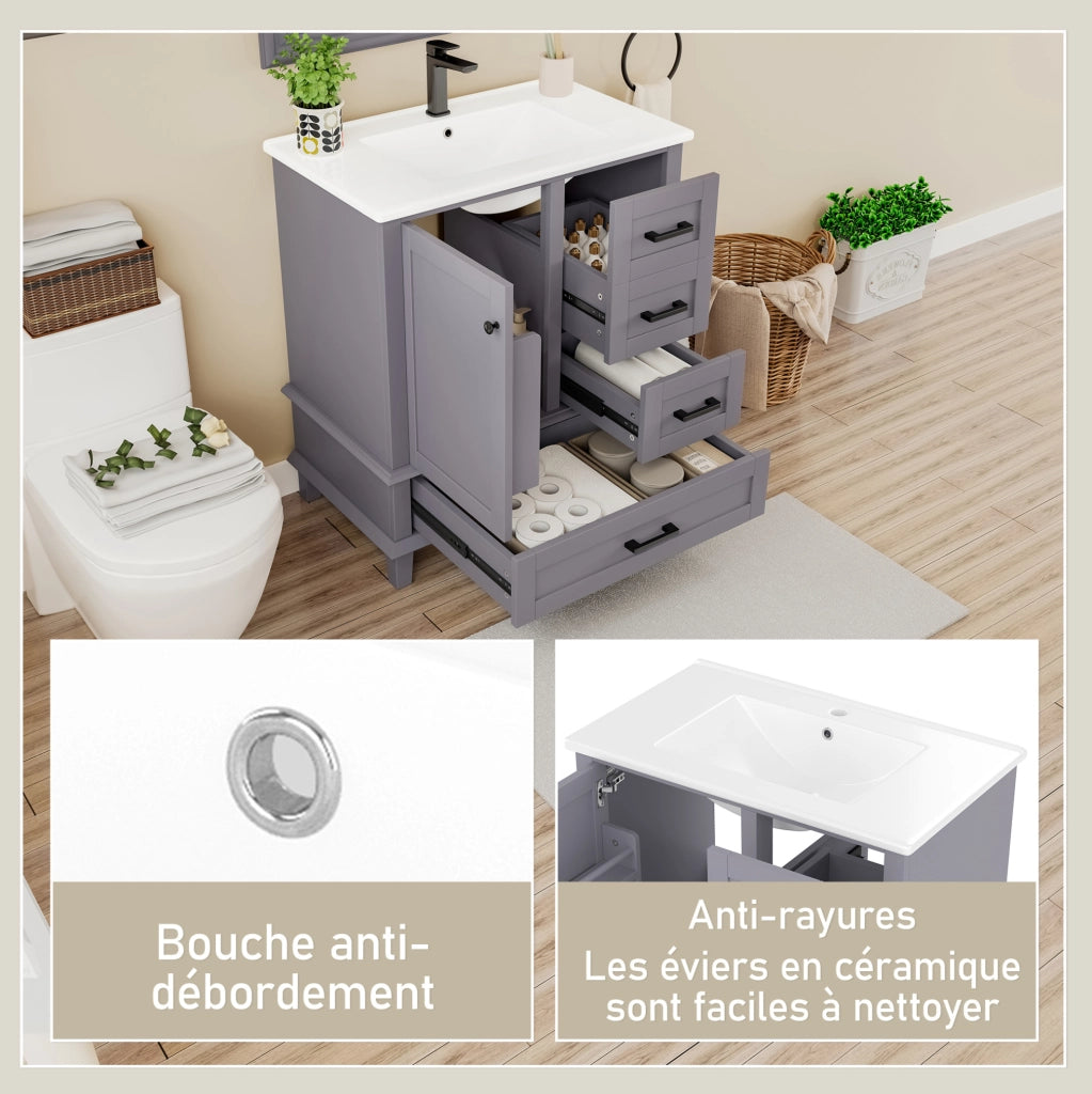 Mobile bagno freestanding ULEVR 76x46x83,5 cm con lavabo in ceramica, 3 ante e cassetto, grigio