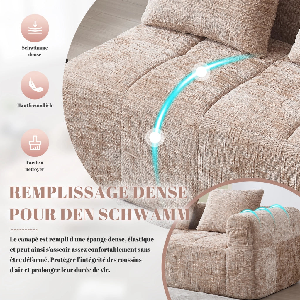 Divano 2 posti khaki con chaise longue, tessuto Chenille e cuscino, tasche laterali per telecomando e telefono