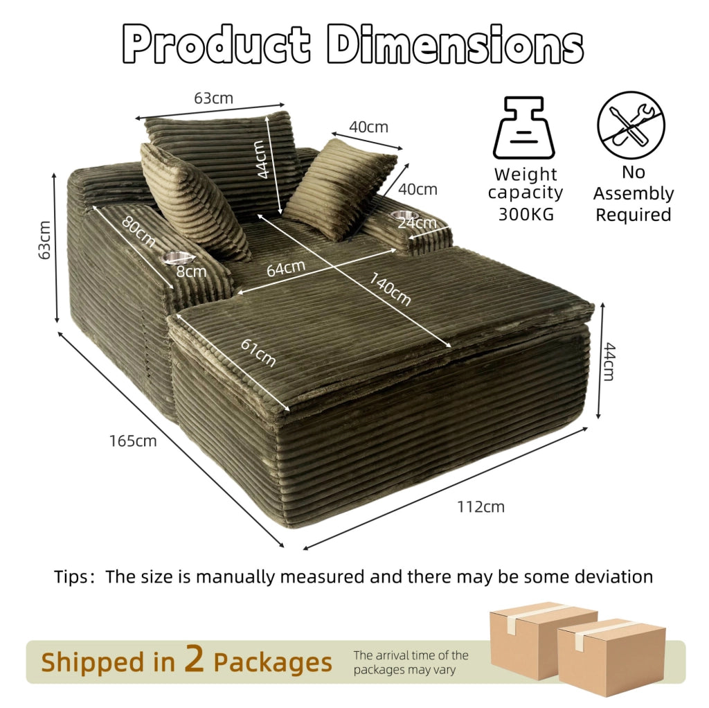 Divano da pavimento ULEVR con chaise longue, 3 cuscini, portabicchieri e cuscino coperta 2 in 1, velluto a coste verde