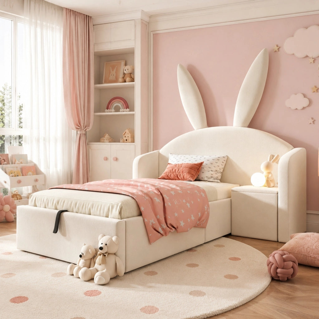 Letto per bambini 90 × 190 cm con contenitore idraulico e comodino; senza materasso; in velluto beige