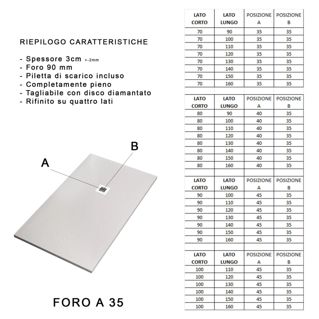 Piatto doccia in marmo resina grigio chiaro pietra cemento plus, misura 75x180