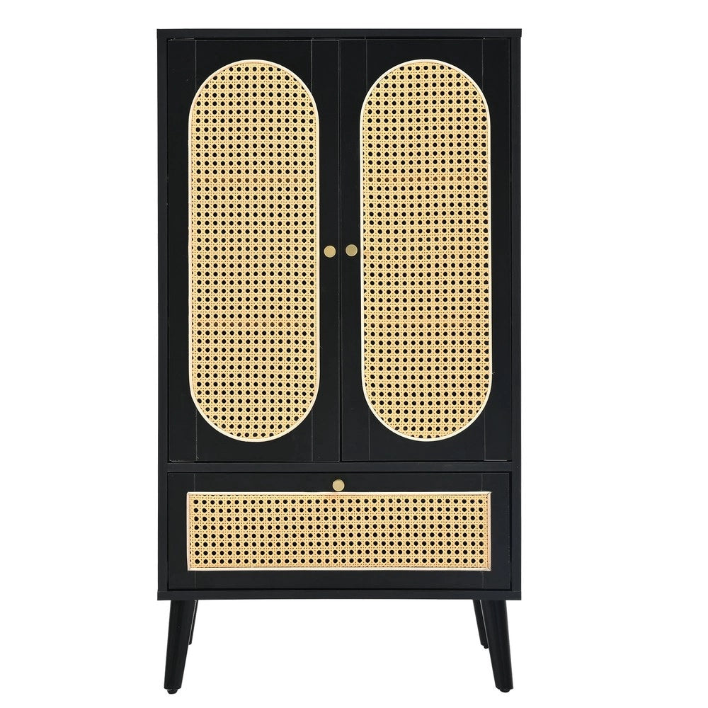 Consolle salvaspazio ¨C Minimal ¨C nero design rattan 110x40x120 cm 2 ante 1 cassetto
