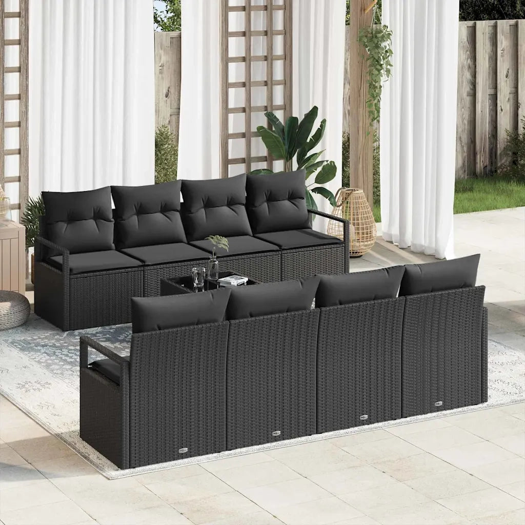 Set Divano da Giardino con cuscino 9 pcs Nero polyrattan