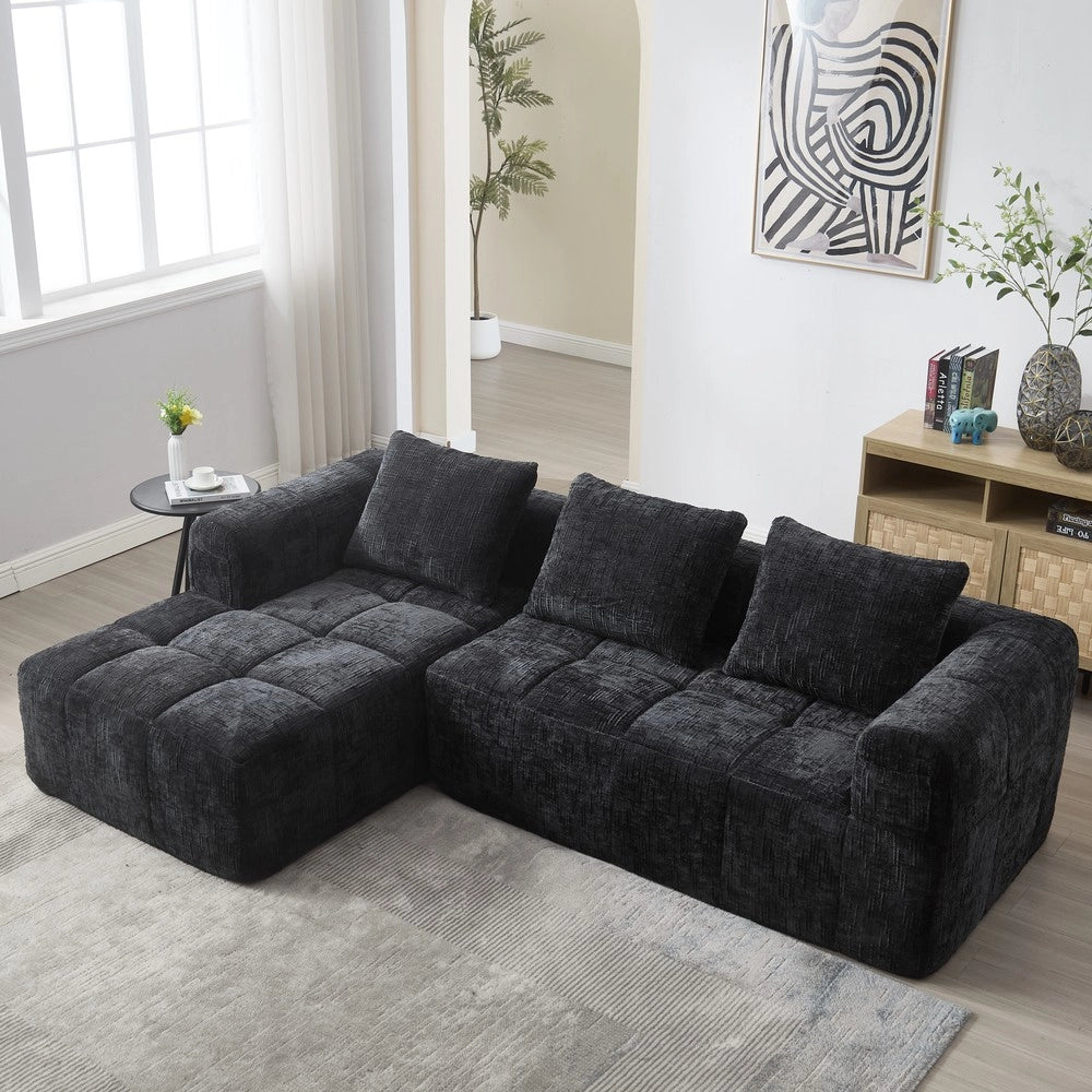Divano angolare 3 posti con chaise longue e braccioli ¨C Minimal ¨C nero chenille con 3 cuscini e tasche laterali