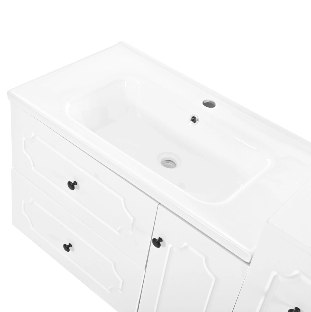Set mobili bagno moderno 107 cm con lavabo in ceramica, 2 cassetti, mobile sottolavabo e colonna integrata bianco