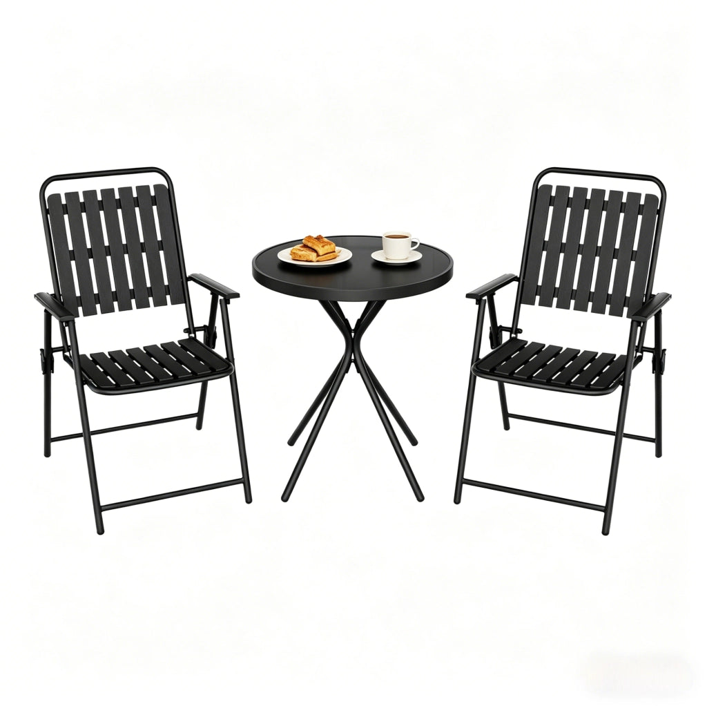 Set da giardino 3 pezzi nero in ferro, vetro e PP, tavolo rotondo 60 x 70 cm