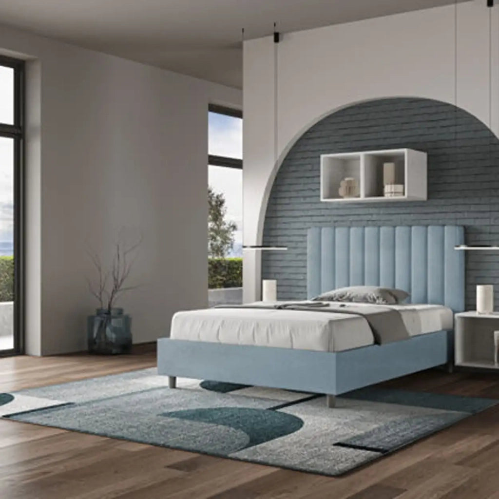 Letto una piazza e mezza senza rete imbottito 120x210 microfibra azzurro Agueda