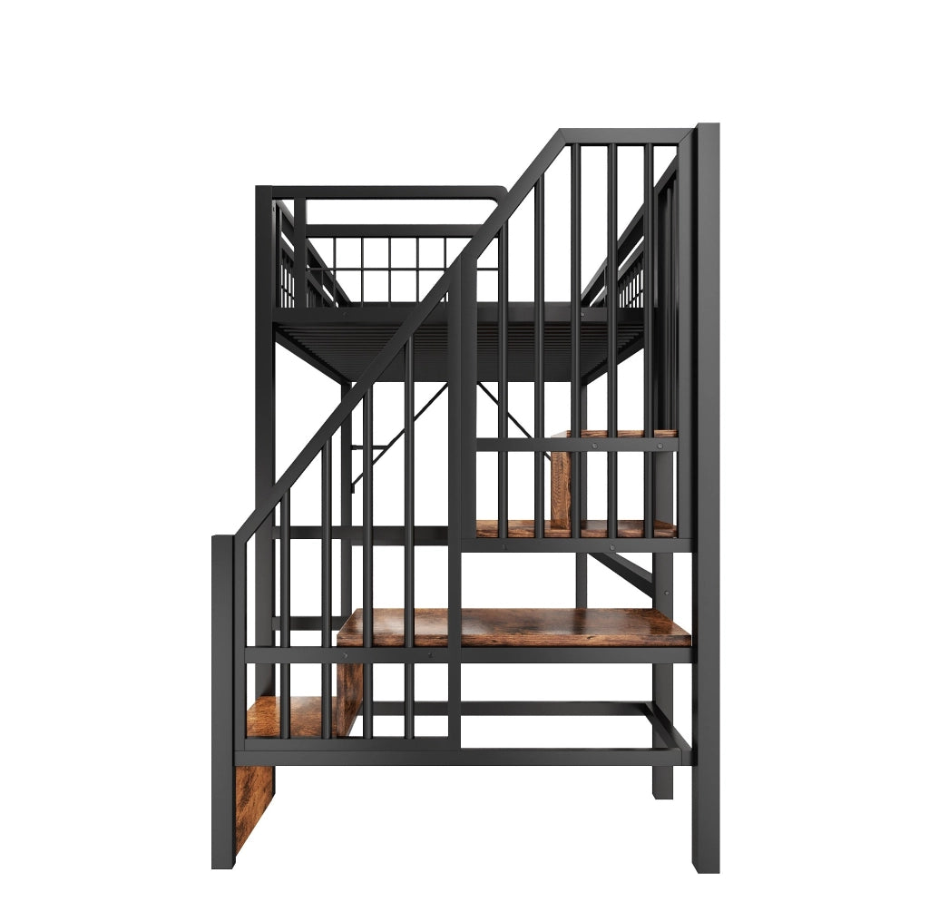 Letto a soppalco 90x200 cm con struttura in ferro, LED integrati e scaletta con contenitori, senza materasso, nero