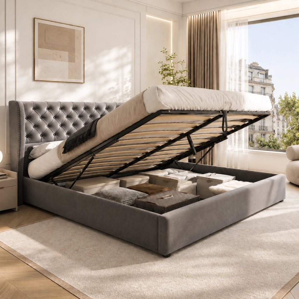 Letto imbottito matrimoniale a orecchio 160x200 cm in velluto con bottoni, sollevamento idraulico, rete a doghe e contenitore - Grigio