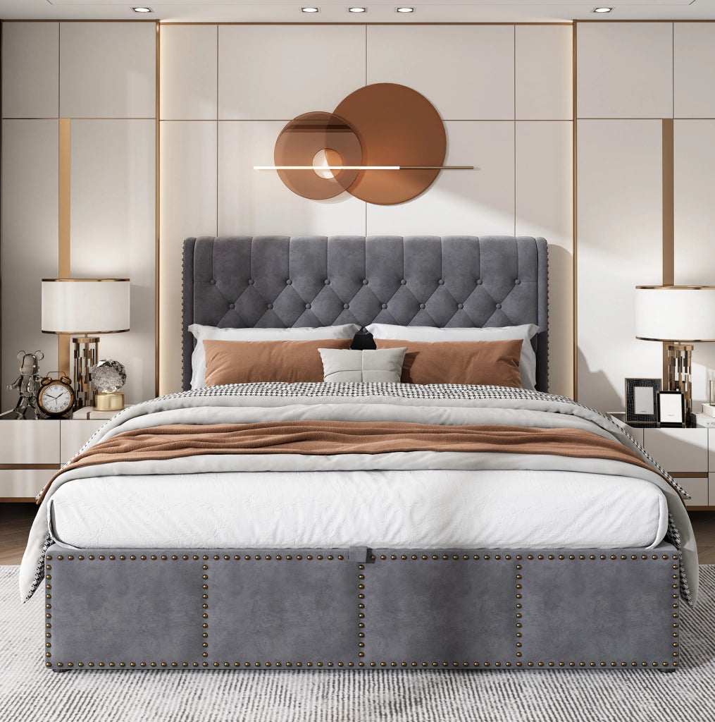 Letto contenitore 180 × 200 cm in velluto grigio con rete a doghe inclusa