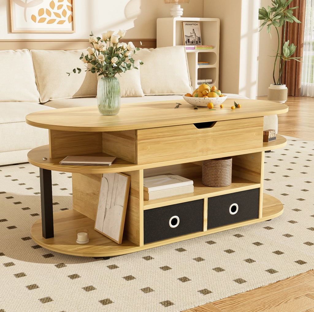Tavolino da caff¨¨ 105x50 cm con piano sollevabile e 2 cassetti in tessuto nero
