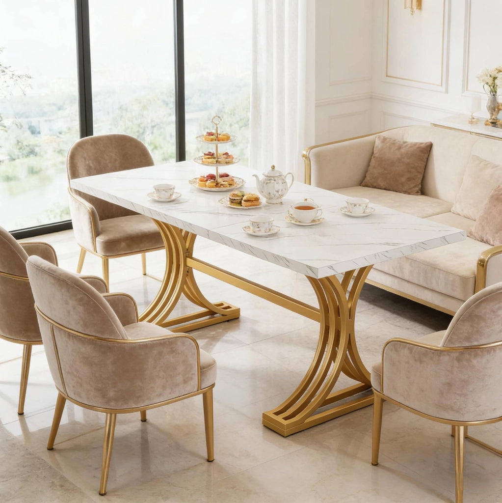 Tavolo da pranzo 160x80 cm in marmo artificiale e metallo bianco e oro