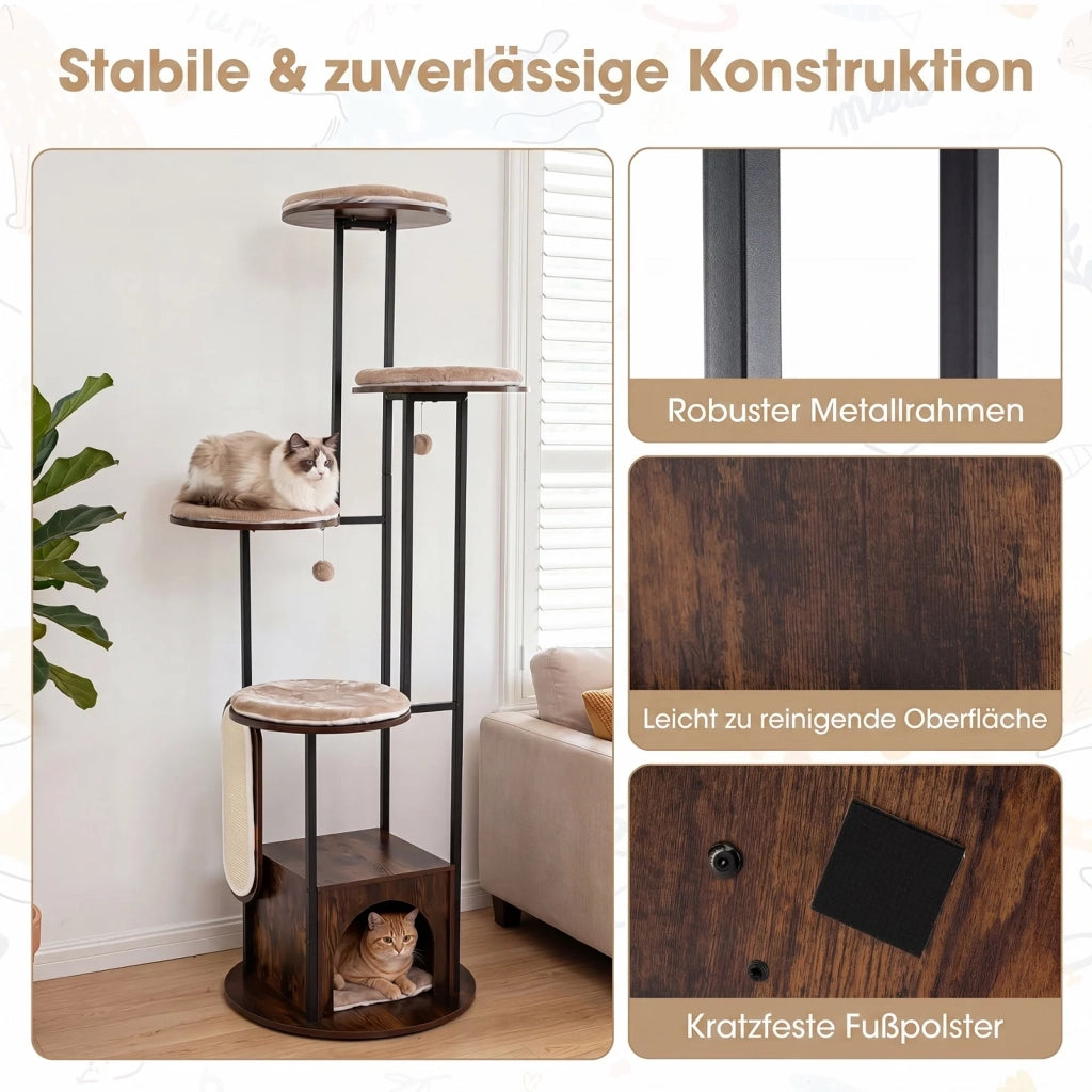 Tiragraffi Casa per Gatti 72-Inch Multi Livello, Piattaforme Superiori, Tappetini Rimovibili Lavabili, Marrone Rustico, Robusto, per Casa