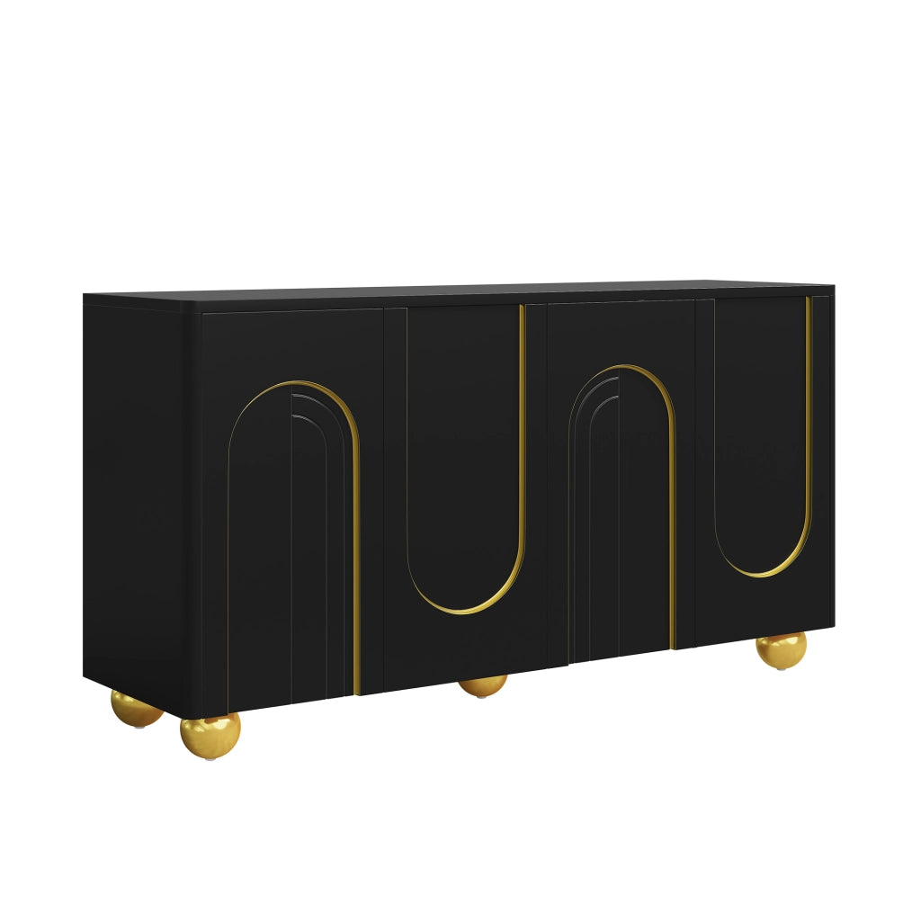 Credenza e madia 4 ante con ripiani e decoro ad arco dorato, per soggiorno e sala da pranzo, nera, 140 × 40 × 74 cm