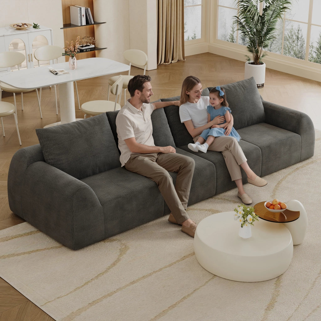 Divano dritto con schiuma elastica, senza attrezzi, in tessuto ciniglia grigio scuro 324×95×85 cm