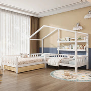 Letto a casetta per bambini in legno con cassetti e ripiani, bianco, 200x90 cm + 140x70 cm