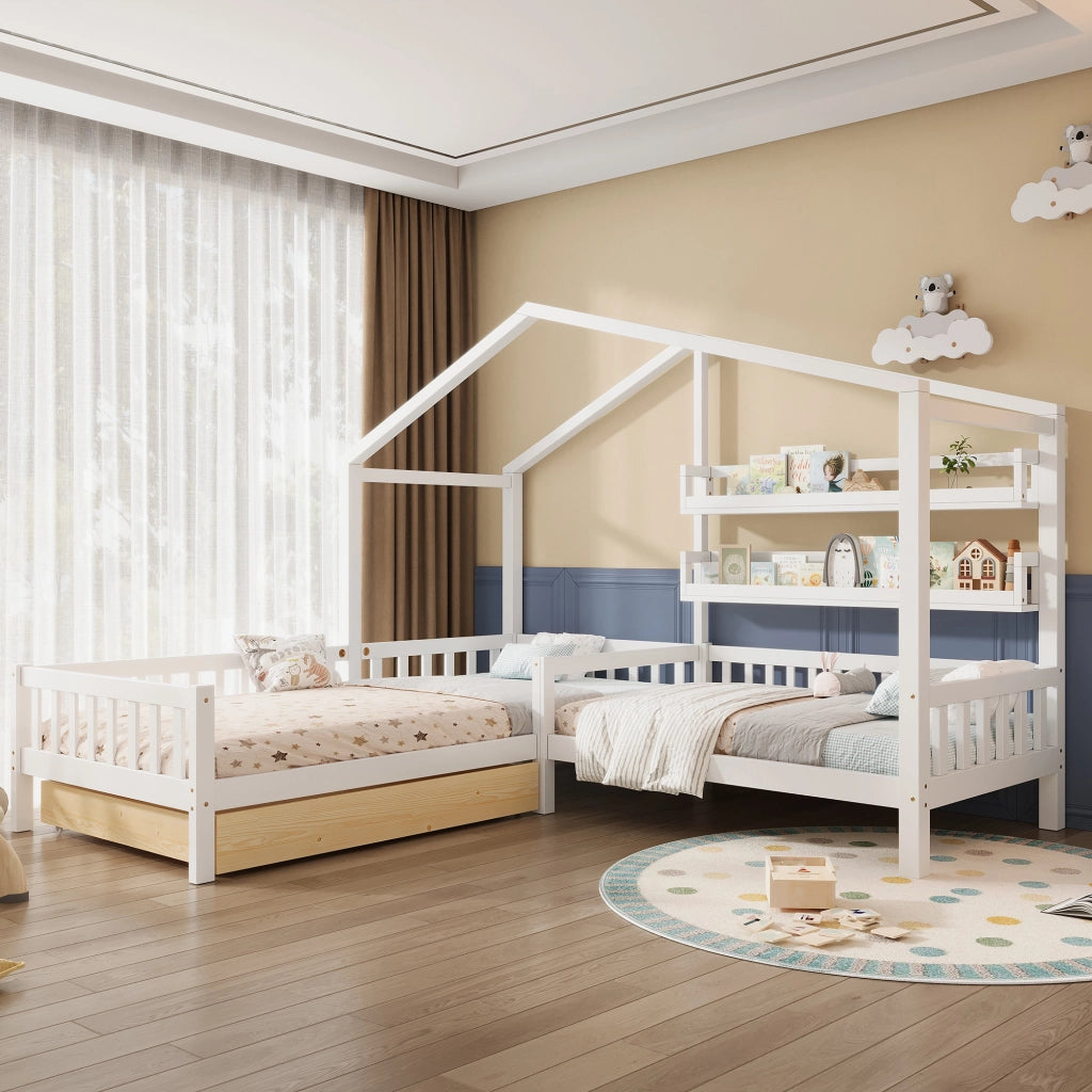 Letto a casetta per bambini in legno con cassetti e ripiani, bianco, 200x90 cm + 140x70 cm