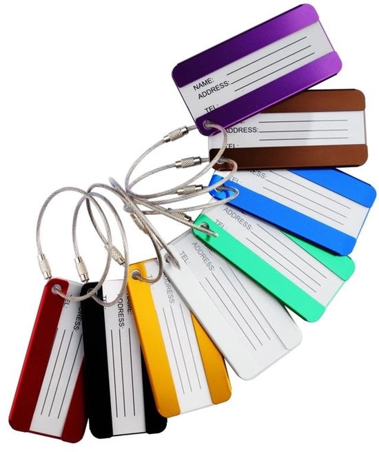 Set di etichette per bagagli in alluminio da 8 - Etichette di indirizzo - Anello di fissaggio robusto - Hanger idrorepellente - Sostanziale e stile - Etichetta per bagaglio