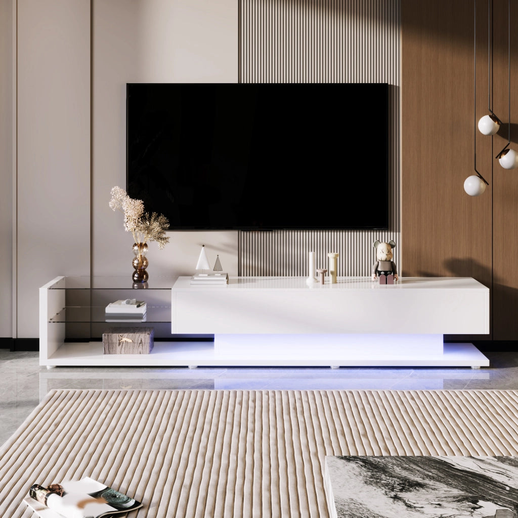 Mobile TV bianco lucido con LED regolabili e ampio spazio contenitivo, 170x38x36 cm