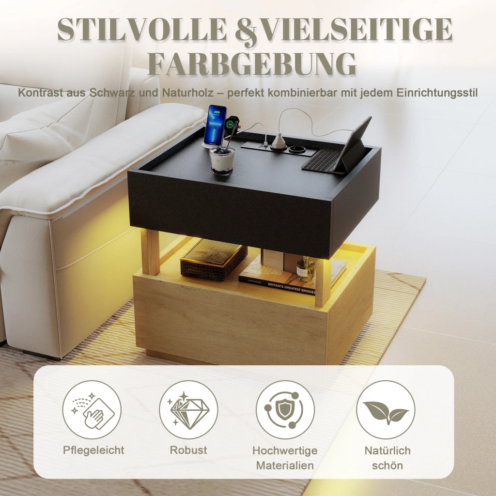 Comodino con ricarica senza fili, porte USB, LED e 2 cassetti bicolore per camera da letto, 50 × 40 × 50 cm