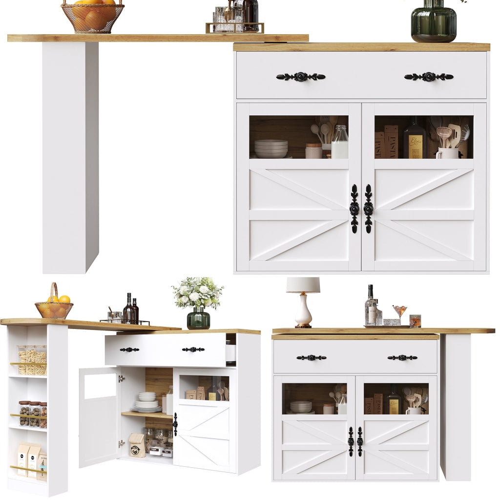 Tavolo Bar Estensibile con Ruota a 360°, MDF Bianco, 138-204×39×104 cm, Mobile Sideboard con Scaffali
