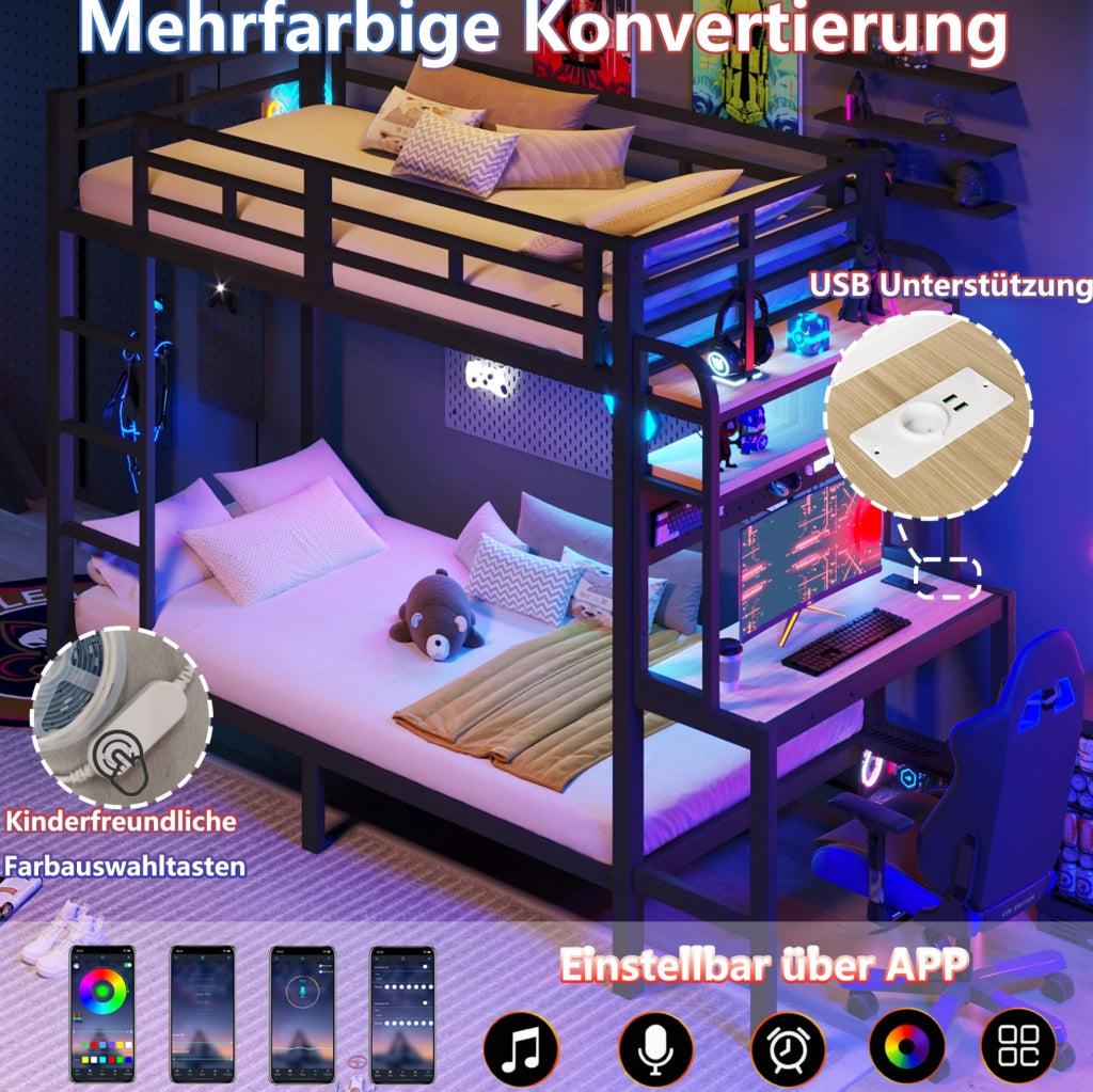 Letto a soppalco singolo 90x200 cm con scrivania; LED e USB in metallo e MDF nero