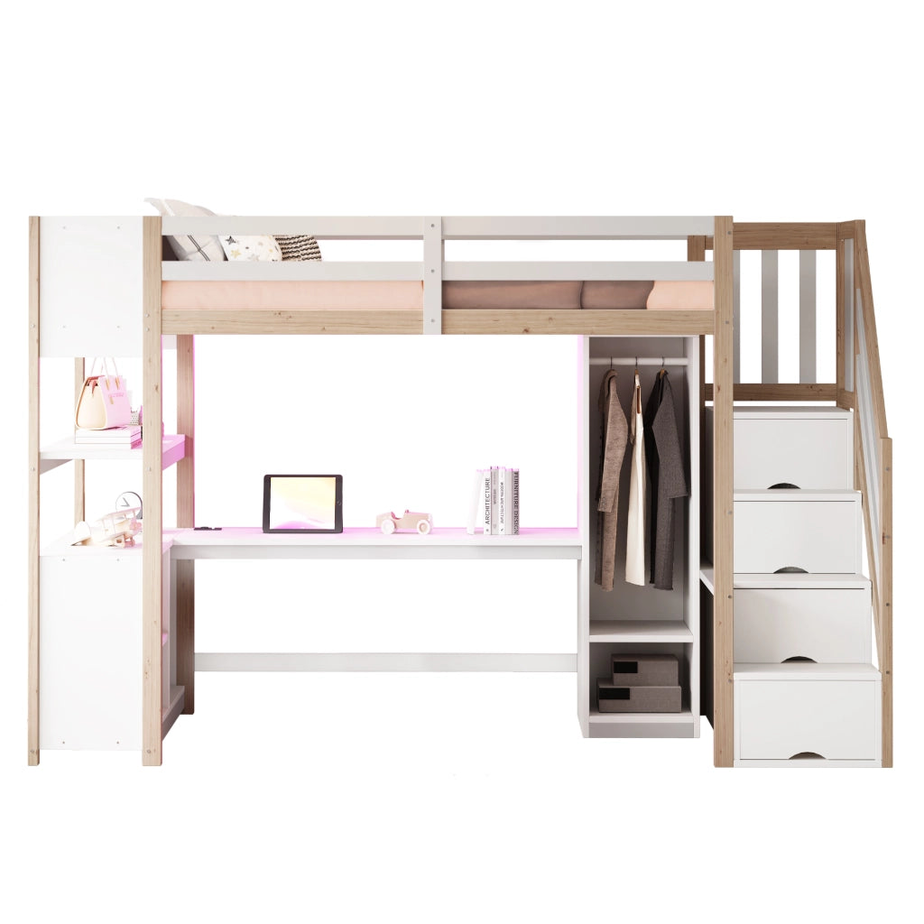 Letto a soppalco 90 × 200 cm con scrivania, armadio, scale contenitore e LED, senza materasso, bianco naturale