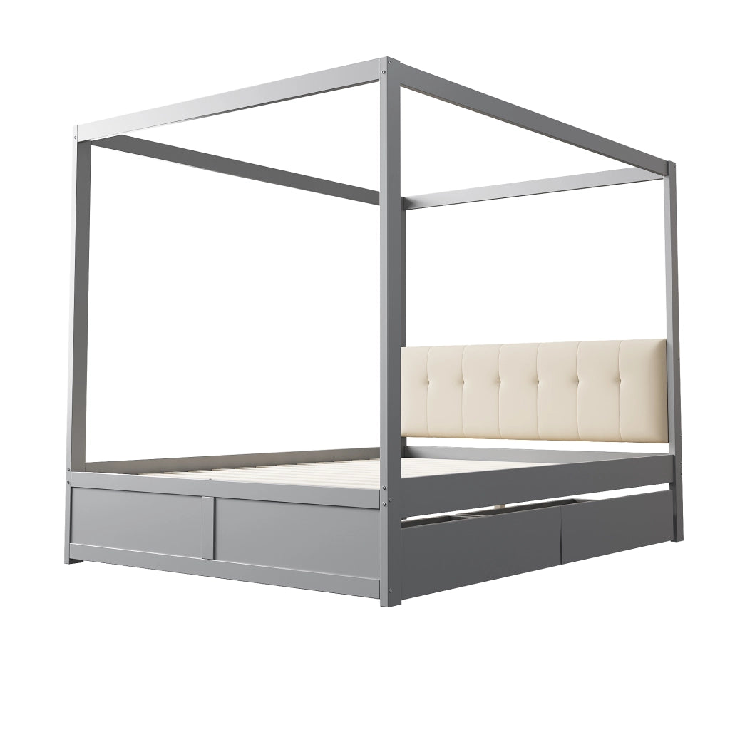Letto a tenda 140x200 cm con due cassetti; schienale imbottito e struttura in legno; grigio e bianco