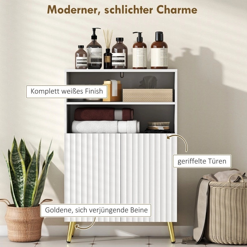 Mobiletto da bagno in MDF bianco con ante soft-close, 2 ripiani aperti e gambe dorate coniche