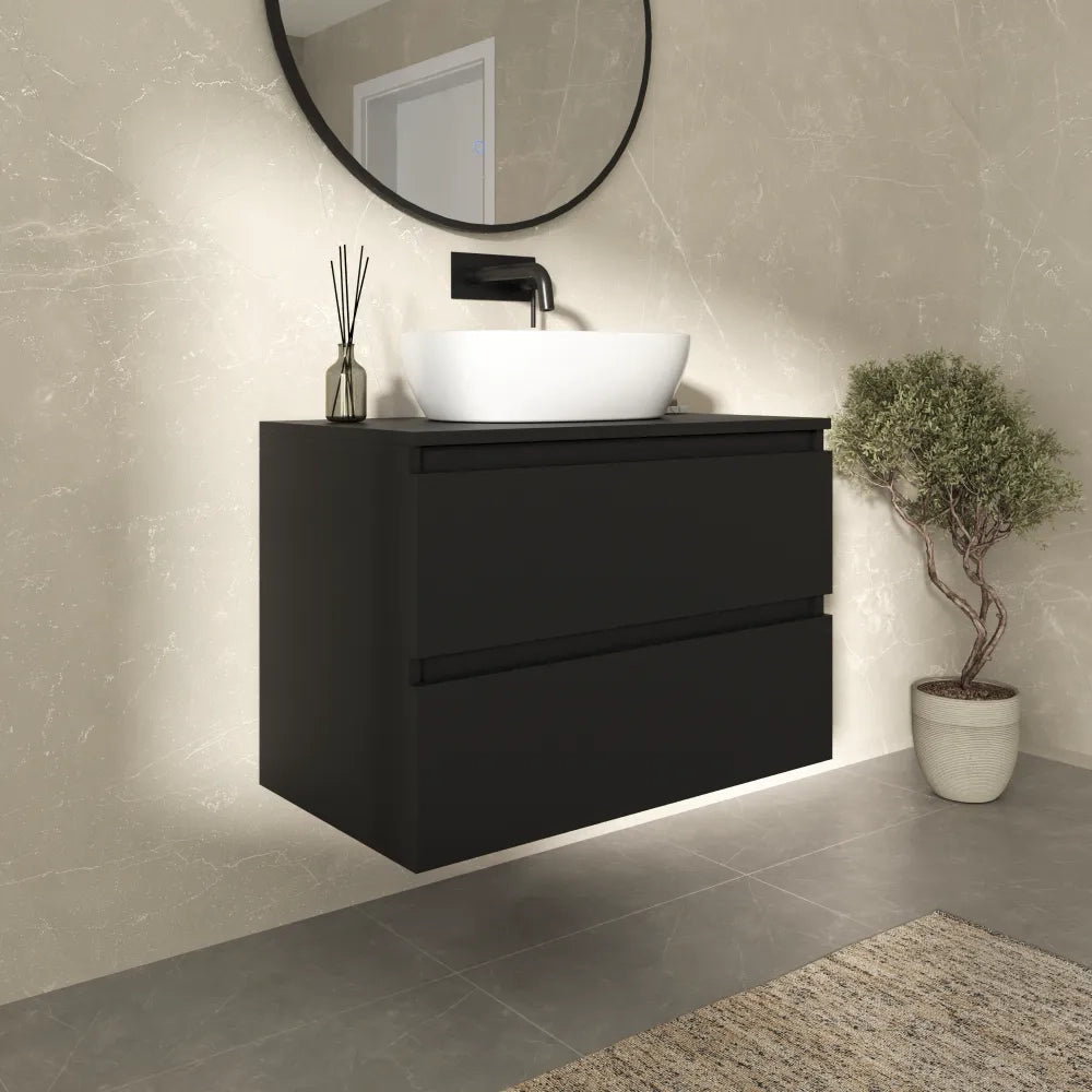 Mobile bagno sospeso 70cm due cassetti nero opaco con top | Hexa