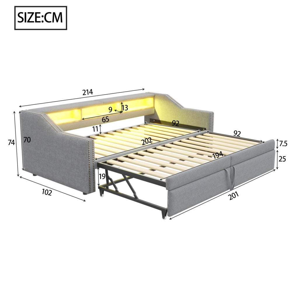 Divano letto imbottito estraibile con rete a doghe LED USB grigio chiaro con schienale e braccioli laterali