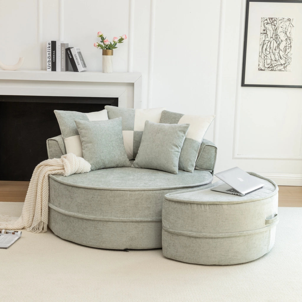 Poltrona chaise longue rotonda con ottomana e 5 cuscini in chenille - verde menta