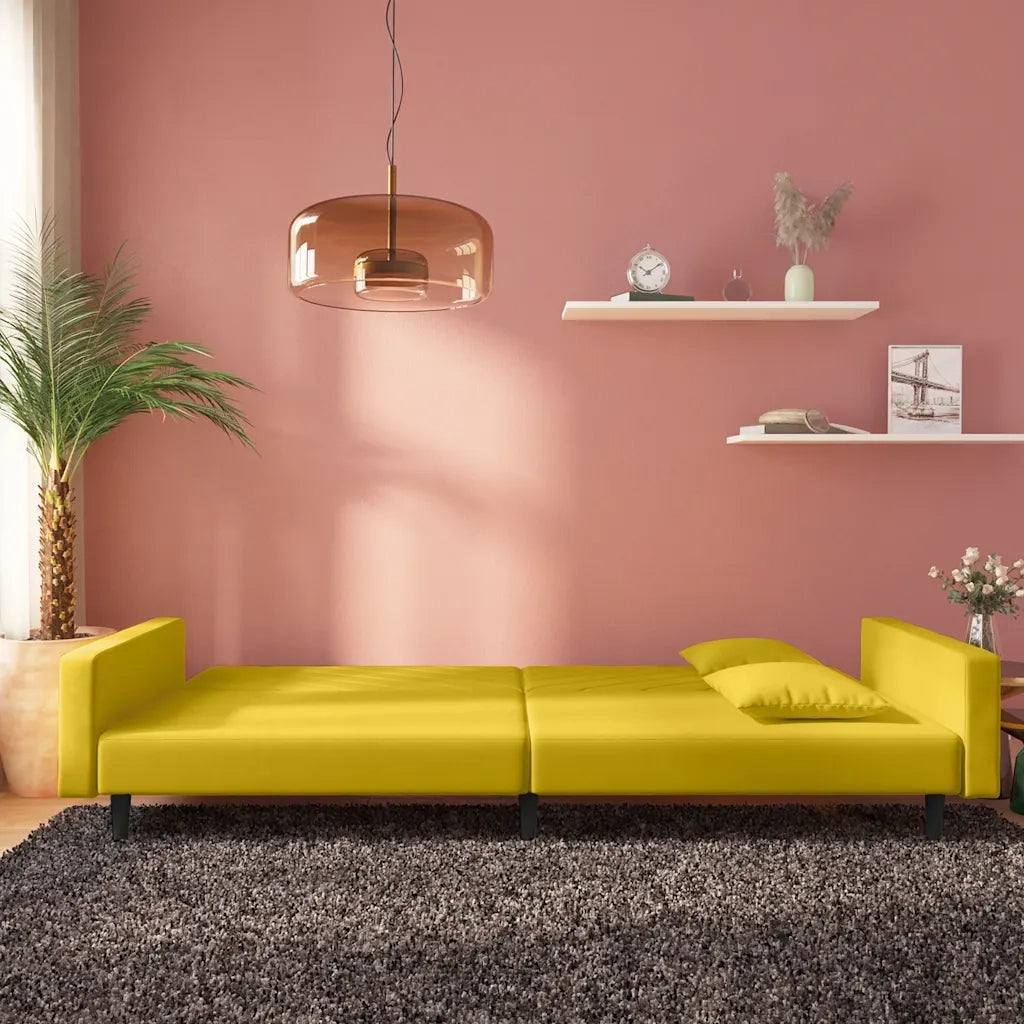 Divano letto | Sof¨¤ letto | Letto singolo a 2 Posti con 2 Cuscini Giallo in Velluto