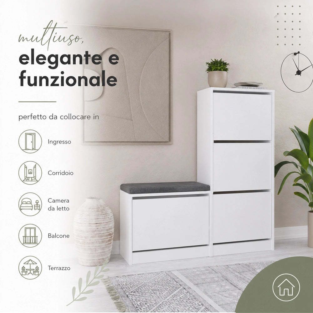 Scarpiera Salvaspazio 3 Ante Mobile Portascarpe 105x118,5 cm Multiuso Bianco