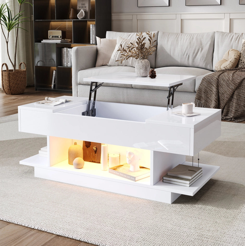 Tavolino da caffè con piano sollevabile e LED; 98 x 45 x 40 cm; truciolare bianco