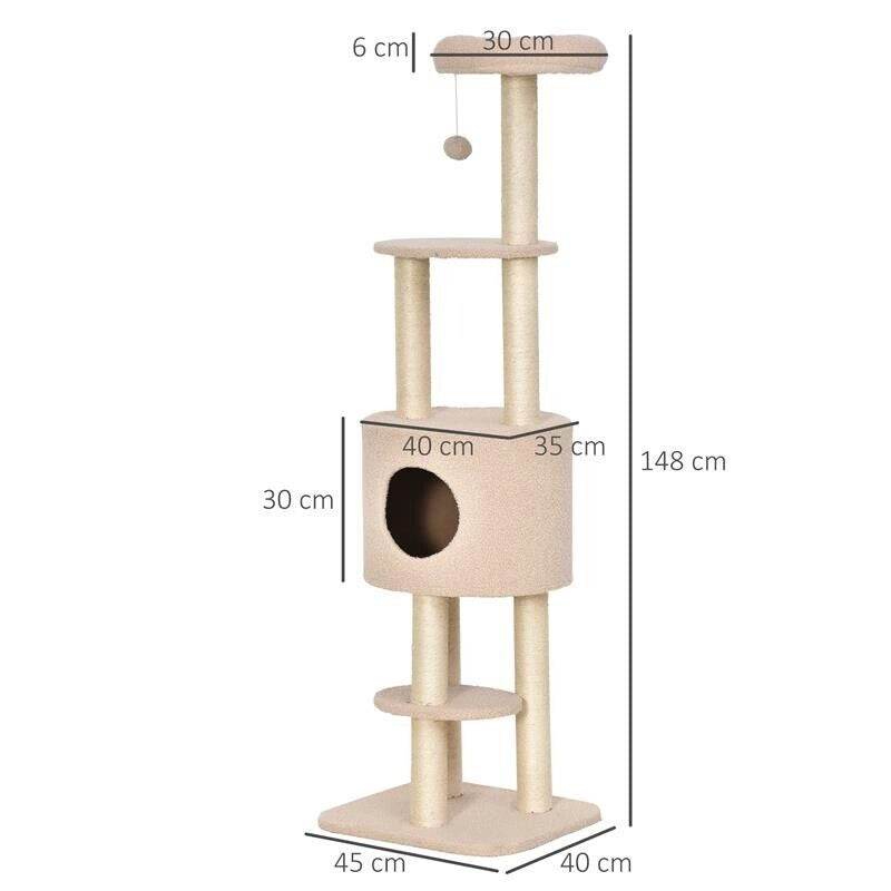 ALBERO TIRAGRAFFI ROBUSTO PER GATTI CON CUCCIA E CORDA SISAL BEIGE