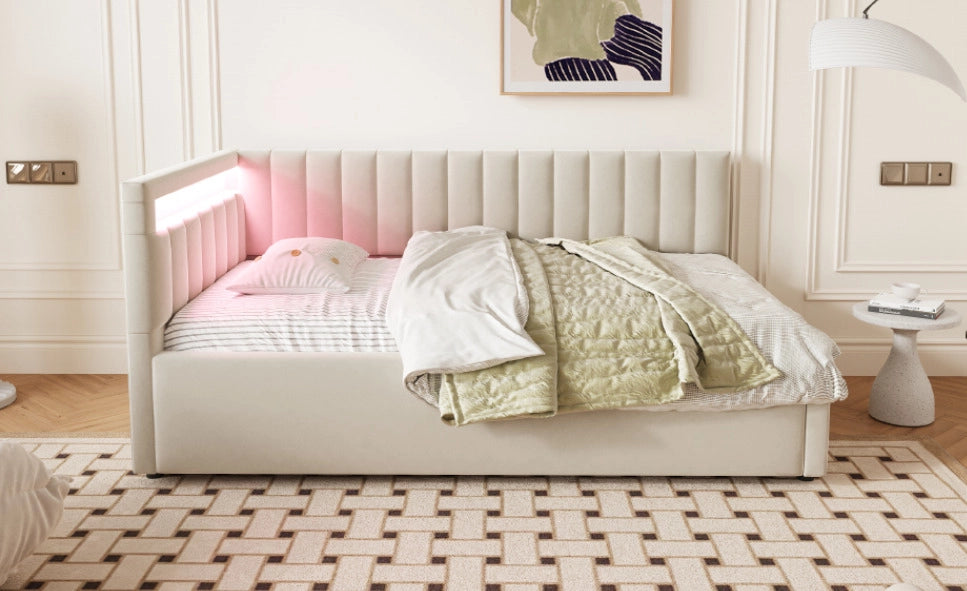 Letto sofà imbottito 90x200 cm con LED, contenitore idraulico, rivestimento in velluto beige