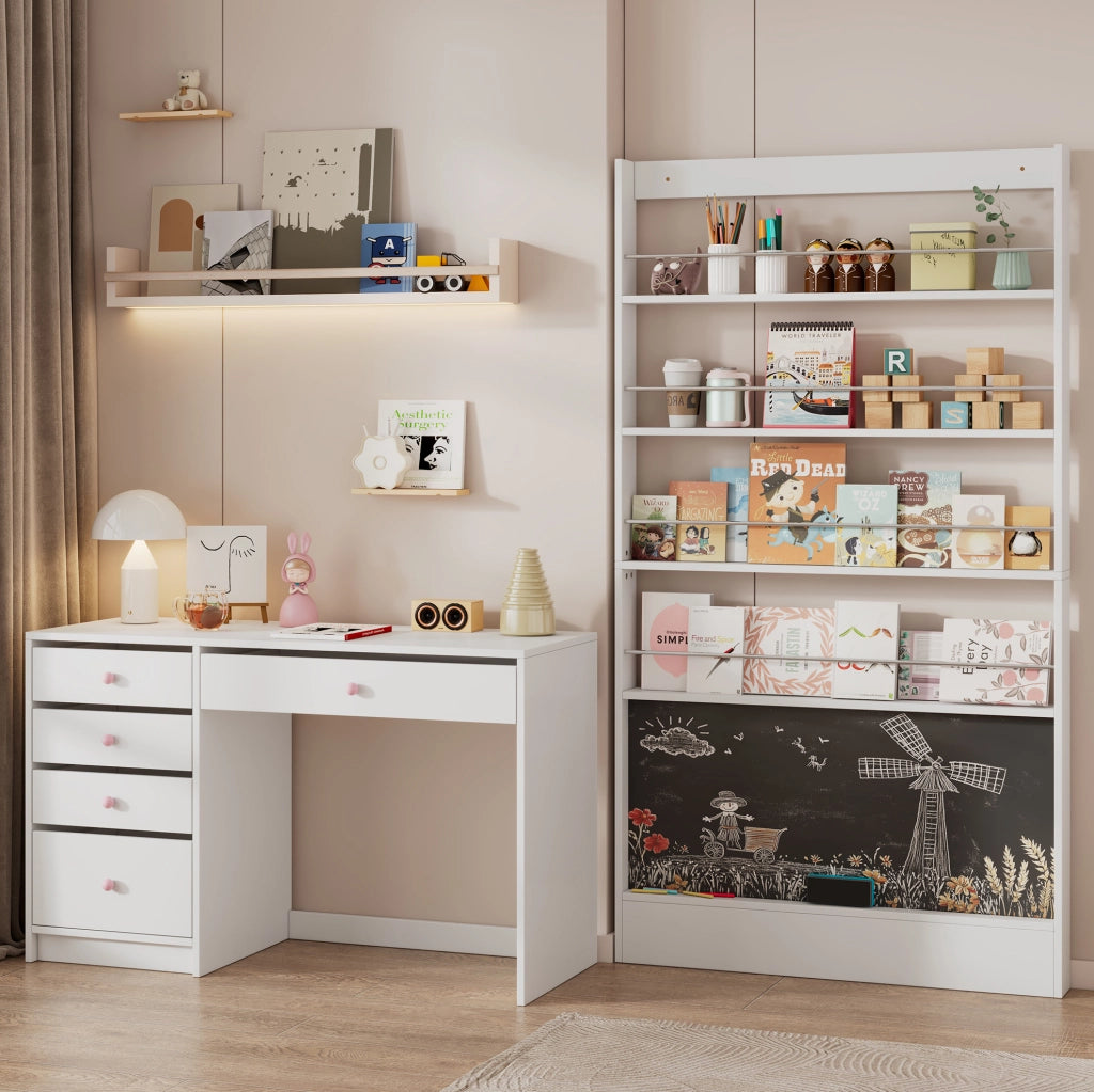 Set 2 librerie per bambini 200x10x180 cm bianche in MDF, 4 ripiani e lavagna