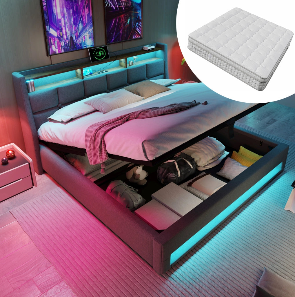 Letto imbottito 140x200 cm con LED e USB, struttura in lino grigio con rete a doghe in metallo e materasso ortopedico a 7 zone H3