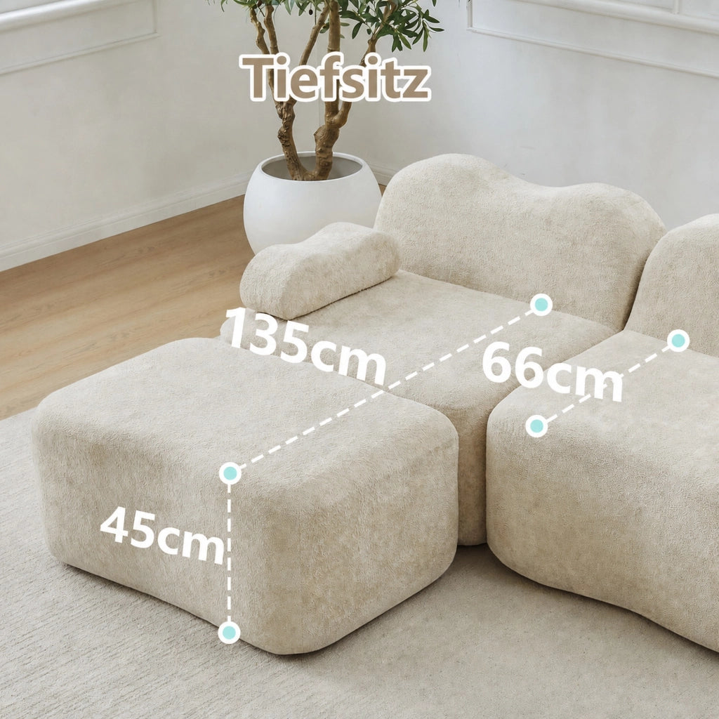 Divano modulare angolare ULEVR 2 posti con pouf, forma ondulata e rivestimento in velluto beige