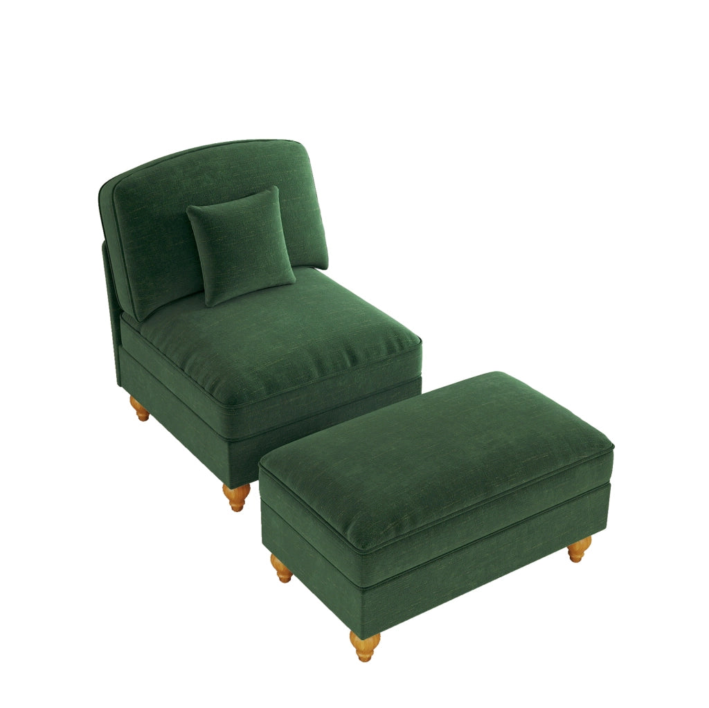 Poltrona Lounge classica in chenille verde con gonna removibile e pouf mobile