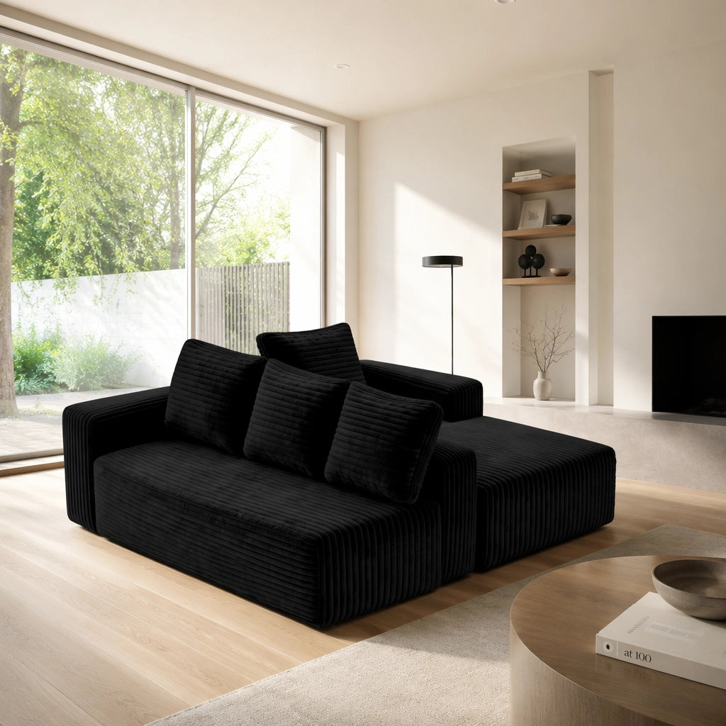 Divano modulare a L con chaise longue reversibile in velluto a coste nero