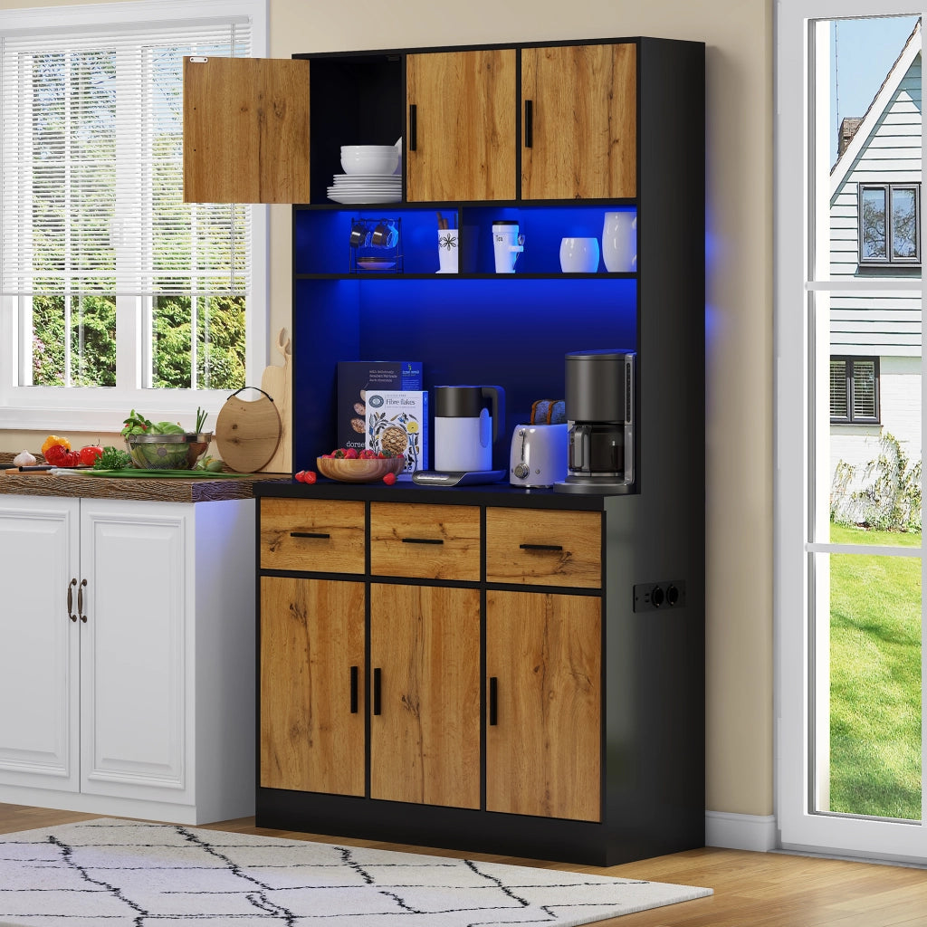Credenza da cucina alta con LED; 100 x 40 x 180 cm; 6 ante e 3 cassetti; MDF e pannello truciolare; nero e naturale