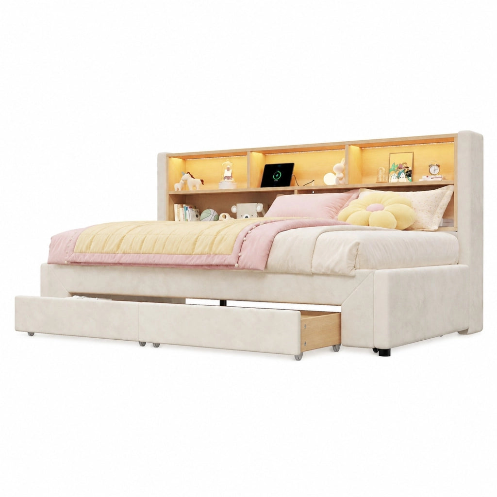 Letto divano allungabile 90x200 cm in velluto beige con 2 cassetti, senza materasso