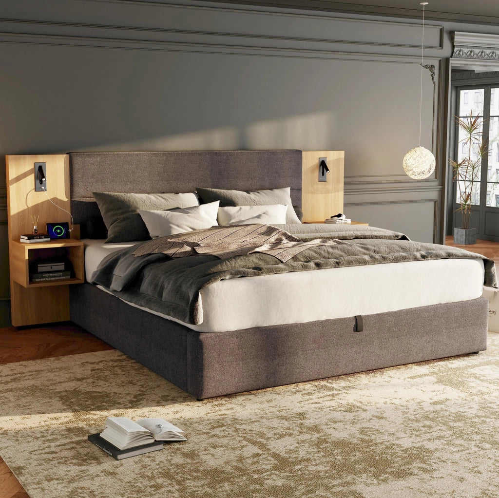 Letto imbottito 180x200 cm con contenitore, USB e comodini