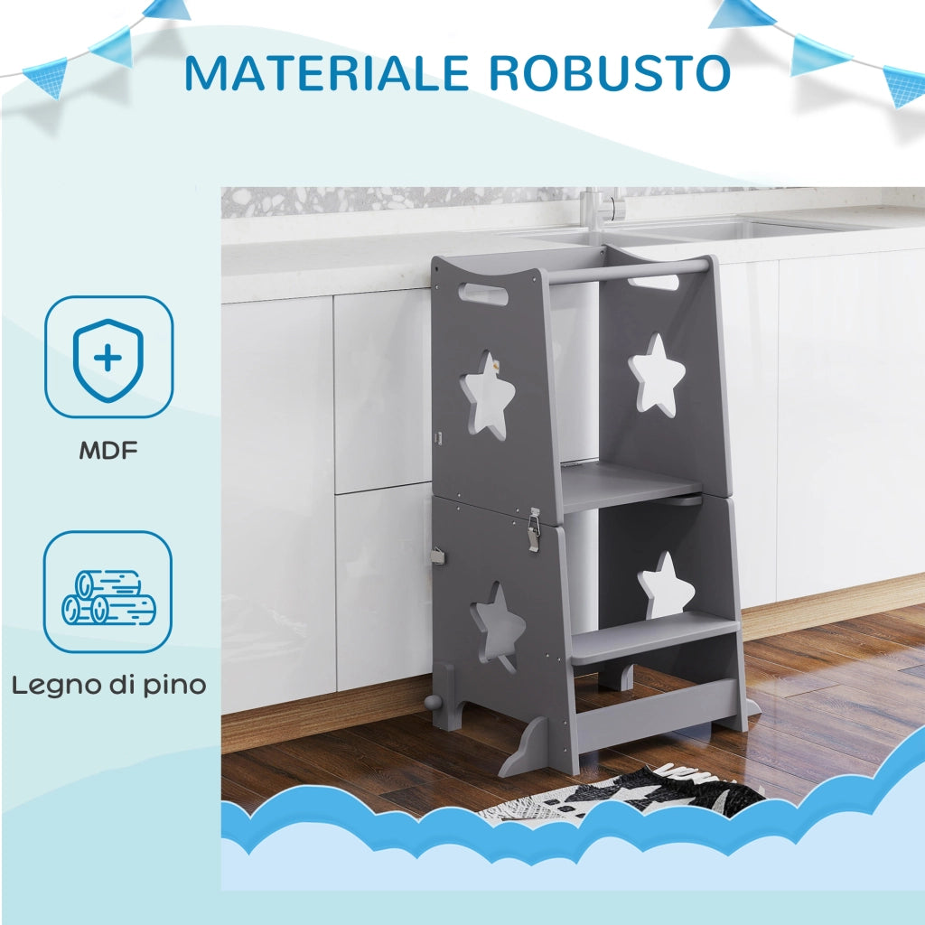 Scala Montessori Convertibile in Set Tavolo e Sedia in Legno Grigio con Barra di Sicurezza 60x44.5x86 cm