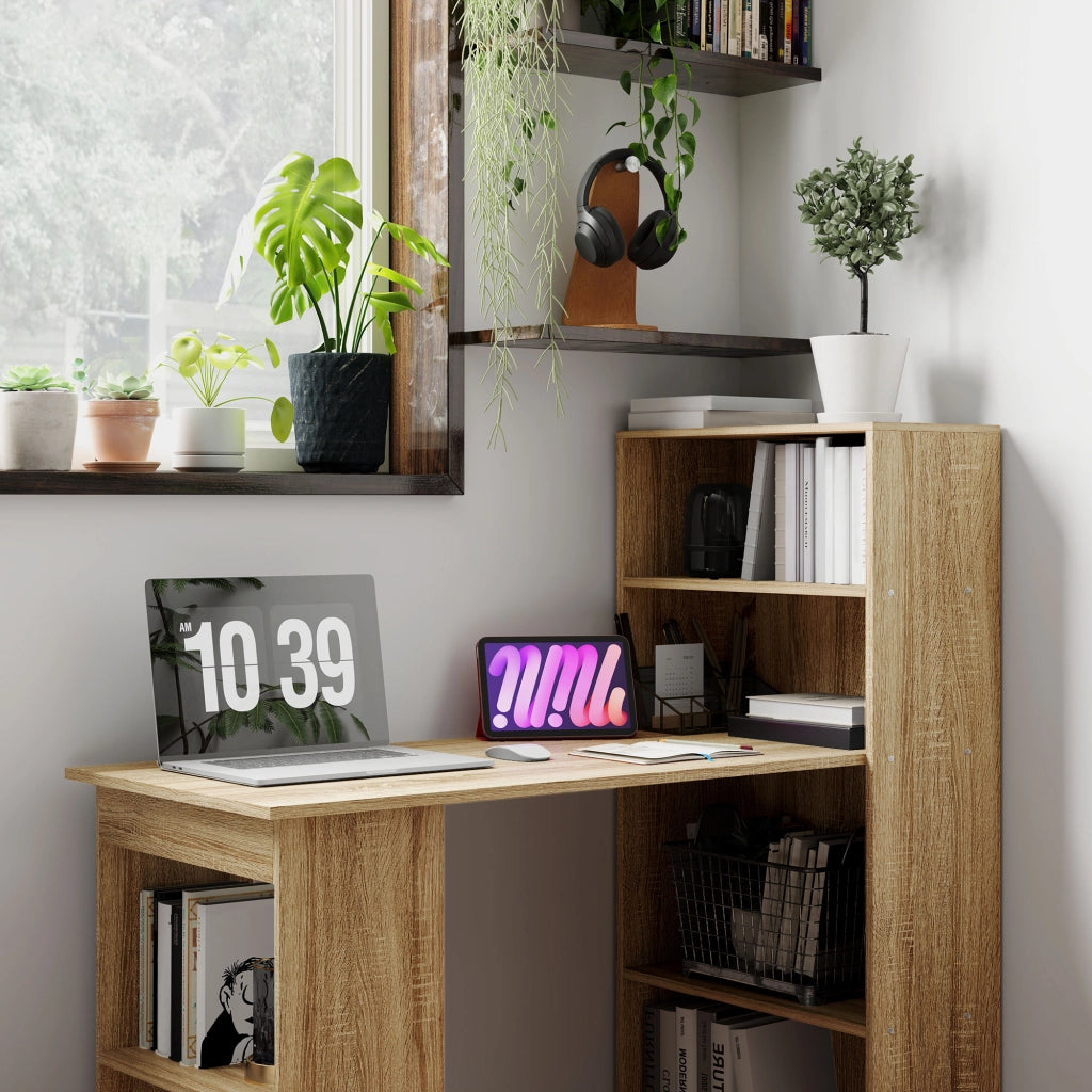 Scrivania angolare con libreria ¨C Xylo ¨C legno rovere, ripiani multipli per computer e stoccaggio